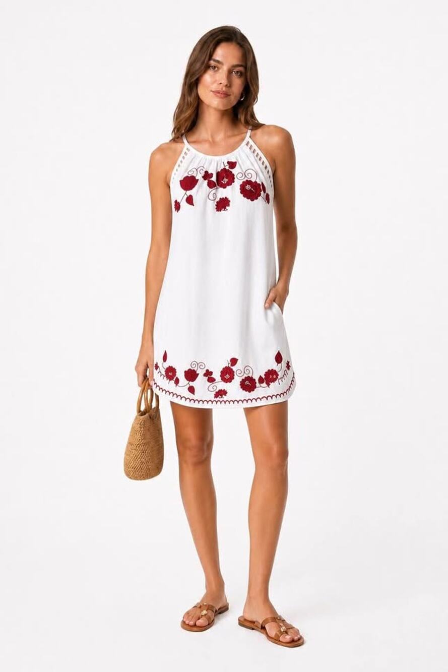 Tasha Polizzi Medium White Cutout Halter Red Artisanal Embroidery Swing Dress